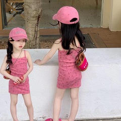 女童韓版卡通吊帶裙2024夏新款小熊印花中長裙裙子可愛連衣裙休閒