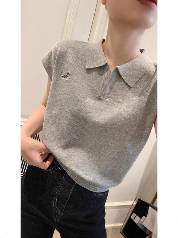 灰色polo衫冰丝针织短袖t恤女夏季修身设计感刺绣正肩小飞袖上衣|undefined