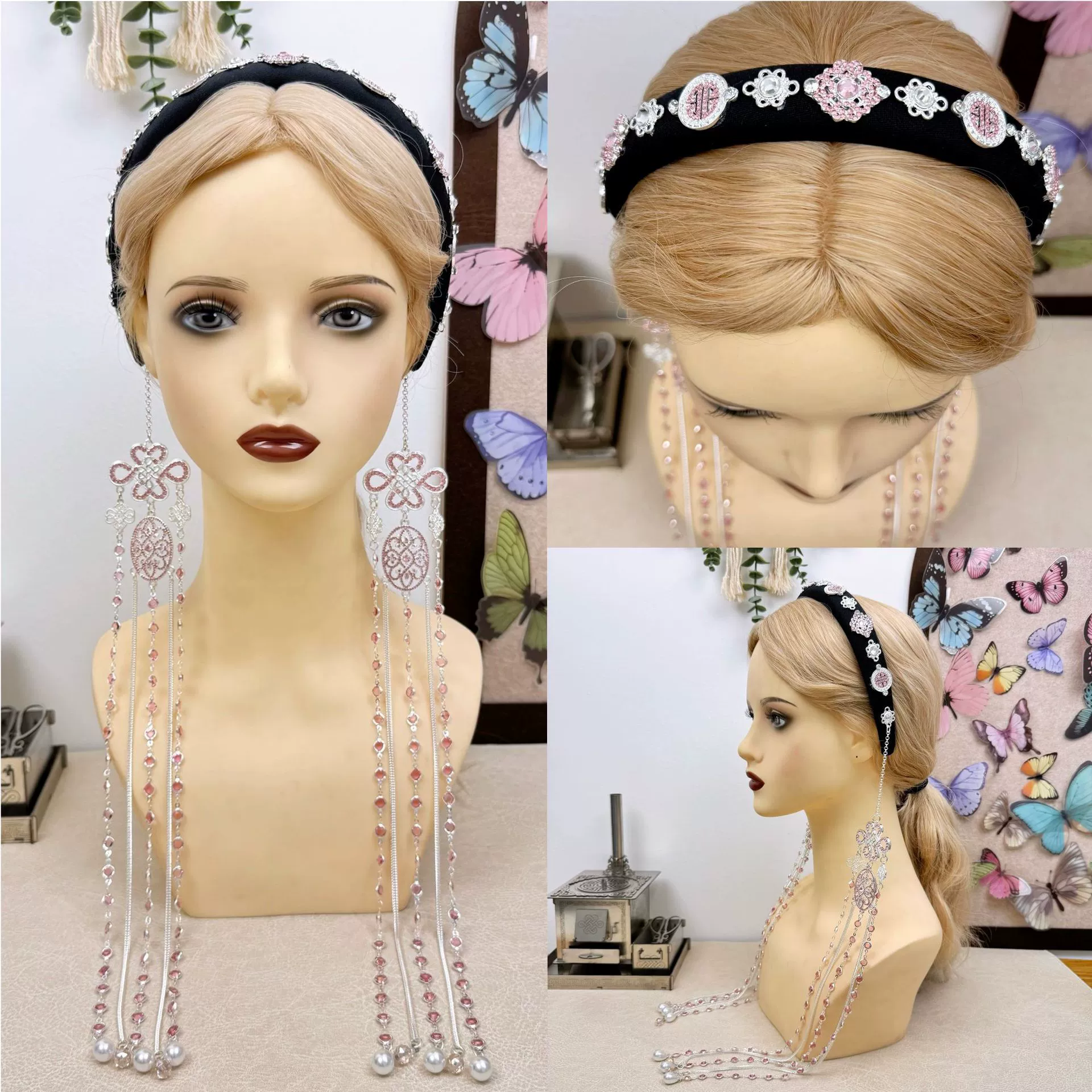 Розовая повязка на голову в монгольском стиле с бриллиантами, изысканная черная повязка на голову с жемчугом и стразами, элегантные повседневные аксессуары