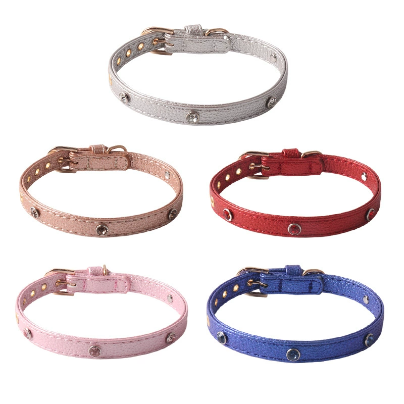 Новый ошейник для домашних животных PU с цветным рисунком личи с бриллиантовым ошейником котенка с металлической пряжкой