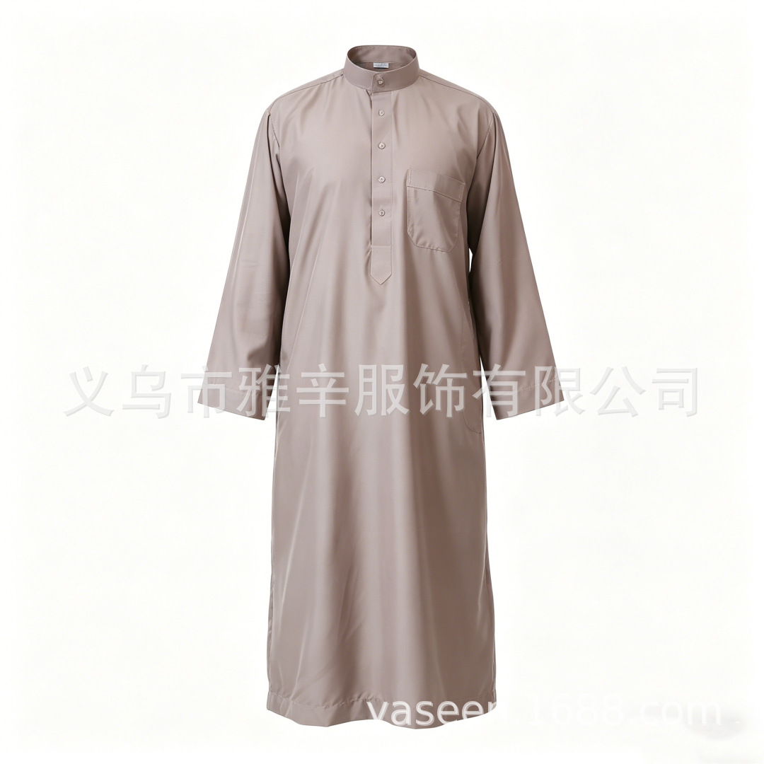 Cross-border best-selling men's round turtleneck long coat made of polyester and cotton, solid color, stand collar, half-open placket, loose-fitting robe with pockets, dropshipping available.