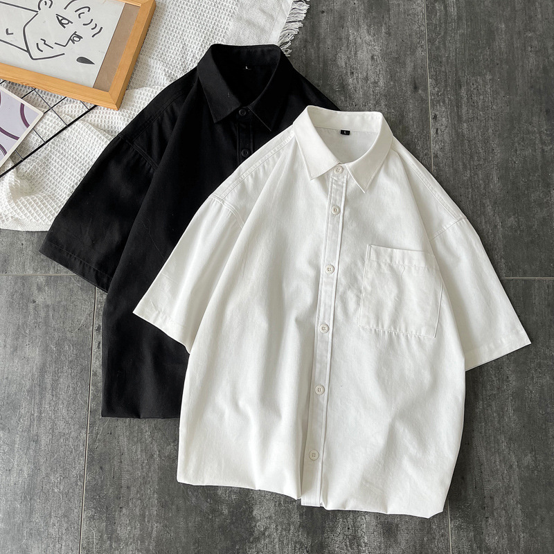 Pure Cotton Short-sleeved Shirt Men's Summer Loose plus size Casual All-match Solid Color College Style Shirt Trendy Outer Wear Top