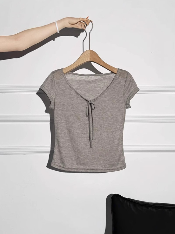 薄いデザインのレースアップUネック右肩半袖Tシャツ女性用2025夏新作ウエスト痩身気質トップ|undefined