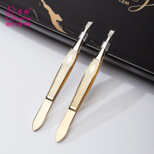 Fangling semi-gold-plated mesh striped eyebrow clip flat oblique mouth stainless steel eyebrow tweezers secondary opening tweezers eyebrow repair tools wholesale