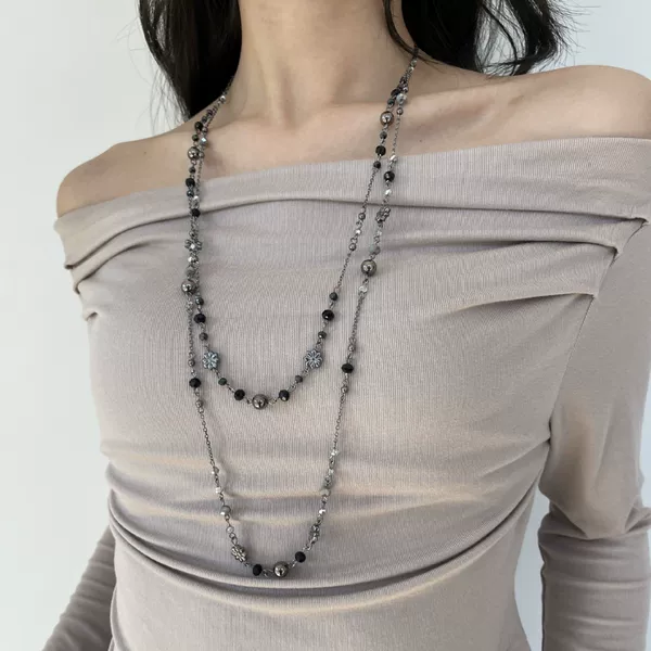 Vintage Spice Girl Old Long Double Chain Necklace Women's Bohemian Ethnic Color Flower Beaded Woolen Chain