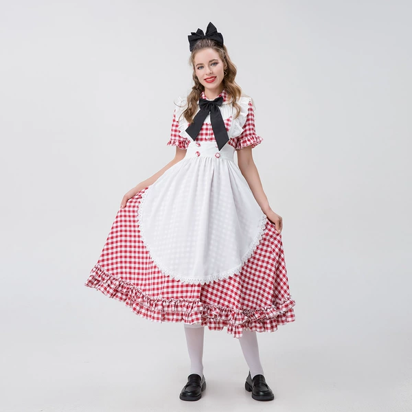 Dress with bow, hair accessory, apron