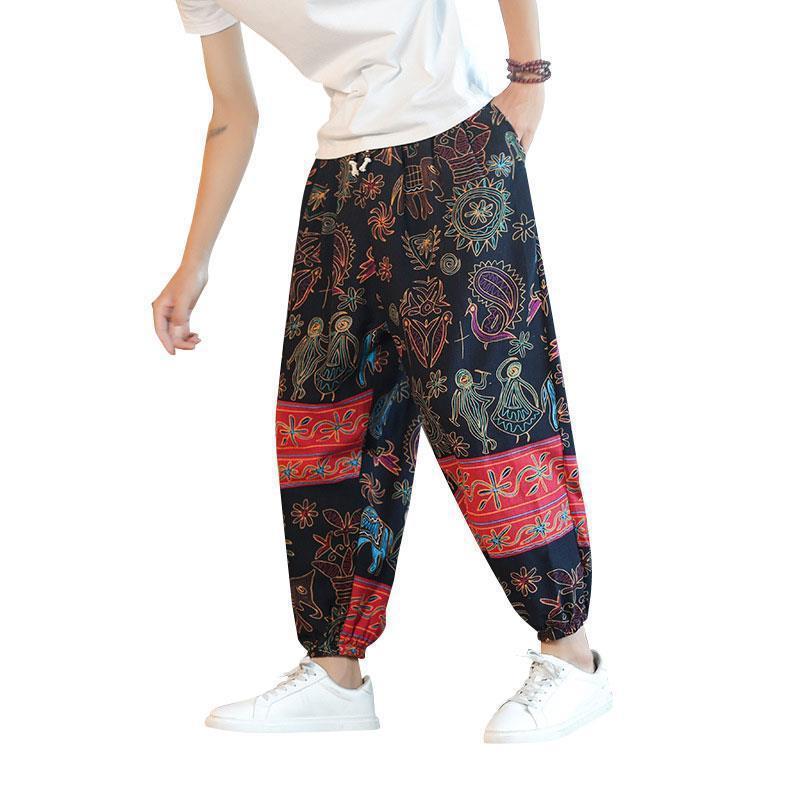 Pantalones tailandeses de flores de anacardo para hombres, pantalones de nueve puntos anchos de lino de estilo chino fino de verano, pantalones de chándal de pies sueltos, marea