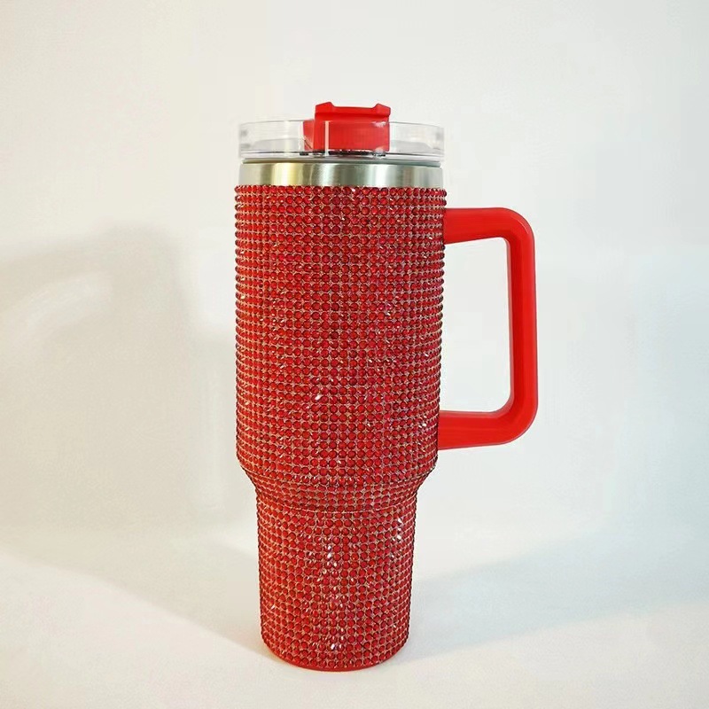 Taza de mango de 40oz con incrustaciones de diamantes en punto, de gran capacidad, acero inoxidable 304, diamante hecho a mano, taza de coche de piedra del Rin