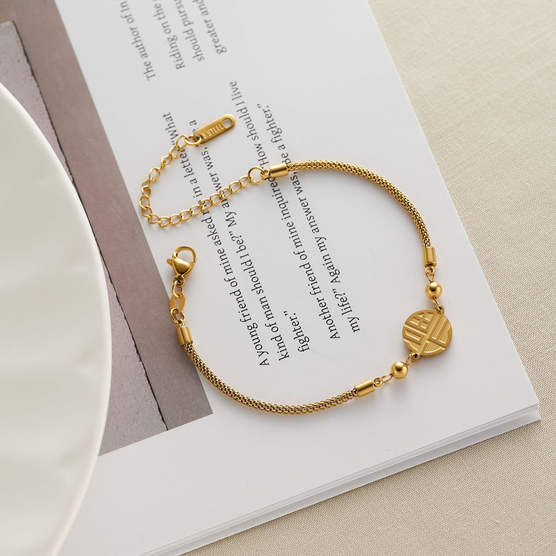 Titanium Steel New Chinese Style Double-Sided Blessing Bracelet for Women, 18K Gold Plated, High-End, Fashionable, Popular, Same Style, Non-Fading