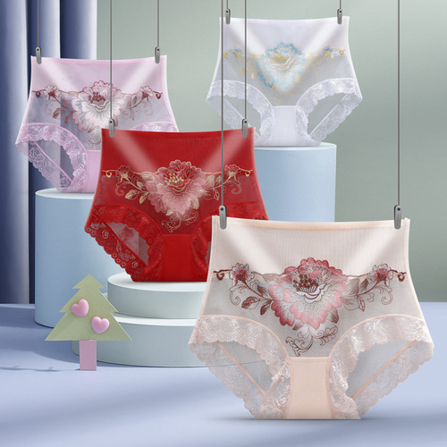 4-pack of sexy lace high-waisted hollow briefs for women, embroidered transparent and comfortable cotton crotch briefs for women