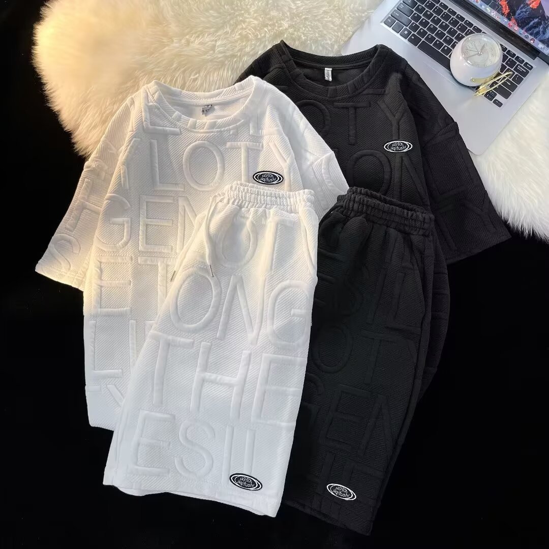 Koreanischer Waffelpiqué-Freizeitanzug für Herren: Kurzarm-T-Shirt und Fünf-Punkt-Hose – Trendig, vielseitig, einfarbig, Sommer-Neuheit_voghion.com