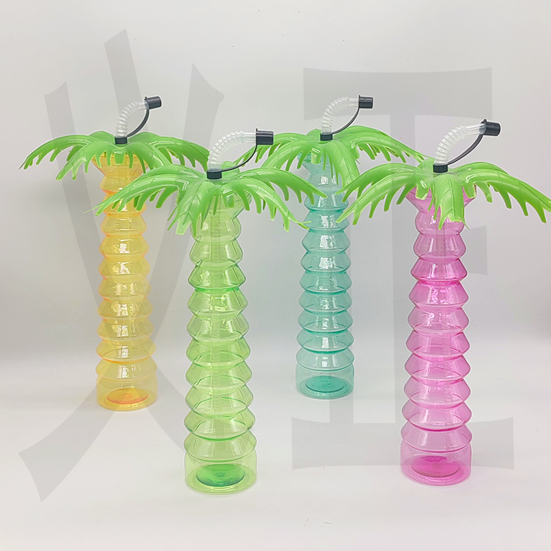 Venta caliente de comercio exterior fabricante spot PET taza de árbol de coco taza de pajita de plástico botella de jugo desechable forma personalizada árbol de coco