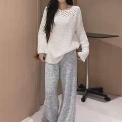 法式露肩套头喇叭袖毛衣女秋季2025新款宽松慵懒风高级感针织上衣