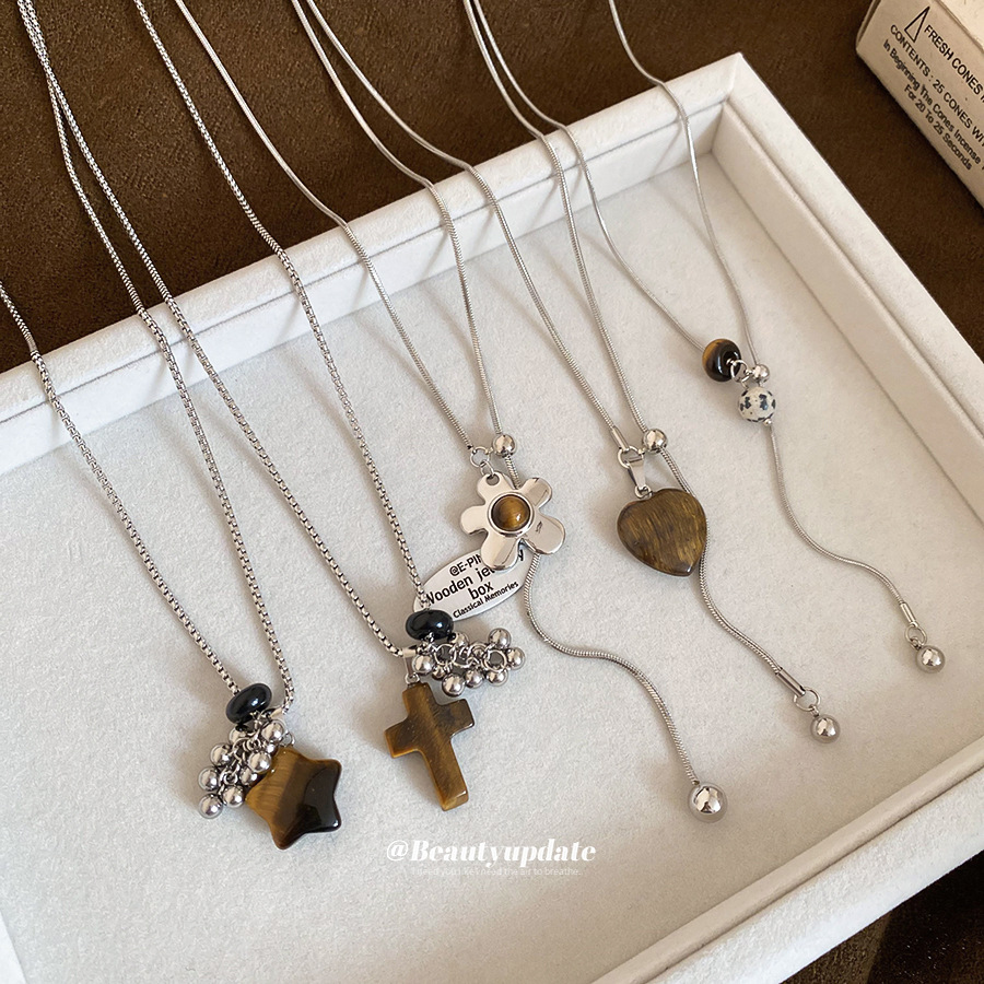 Stainless Steel Tiger Eye Stone Geometric Pendant Necklace Casual Fashion Commuter Versatile Sweater Chain Light Luxury High-End Necklace