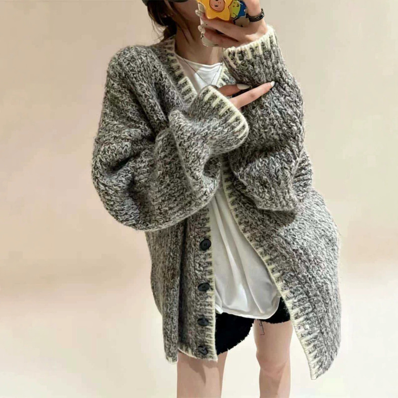 YS old money style gray floral yarn thick sweater coat for women, autumn and winter, casual round neck mid-length knit cardigan YS old money style gray floral yarn thick sweater coat for women, autumn and winter, casual round neck mid-length knit cardigan