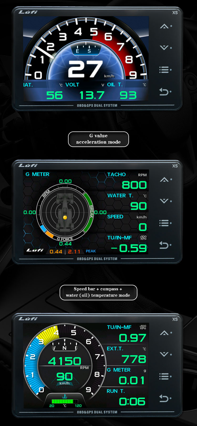 Three-generation LUFI XS car modified instrument OBD2 GPS multi-function LCD meter turbine speed G value gyro