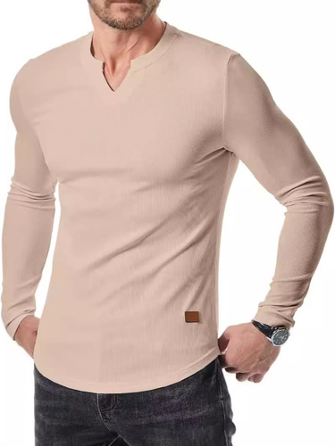 Amazon Cross-border New Foreign Trade Men's V-neck Placket T-shirt Solid Color Casual Fashion Men's Long Sleeve