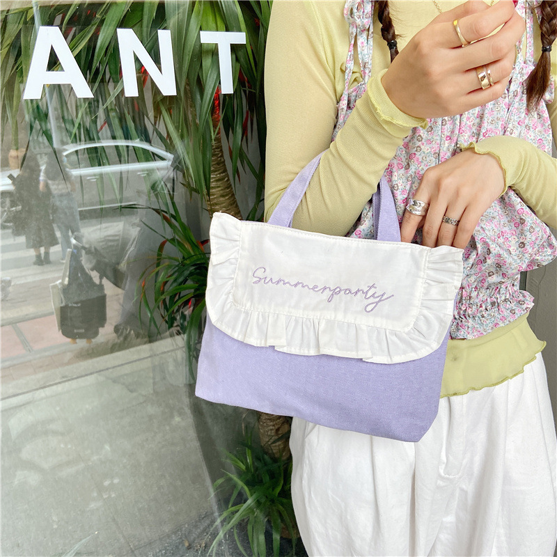 1441 Japanese and Korean chic Sweet ruffled bento Bag, Fresh embroidered hand-held small cloth bag, girl student bag wholesale undefined