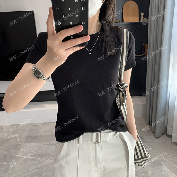 赵可乐~简单高级！通勤正肩背后绞花合身小版短袖圆领显瘦纯色T恤|undefined