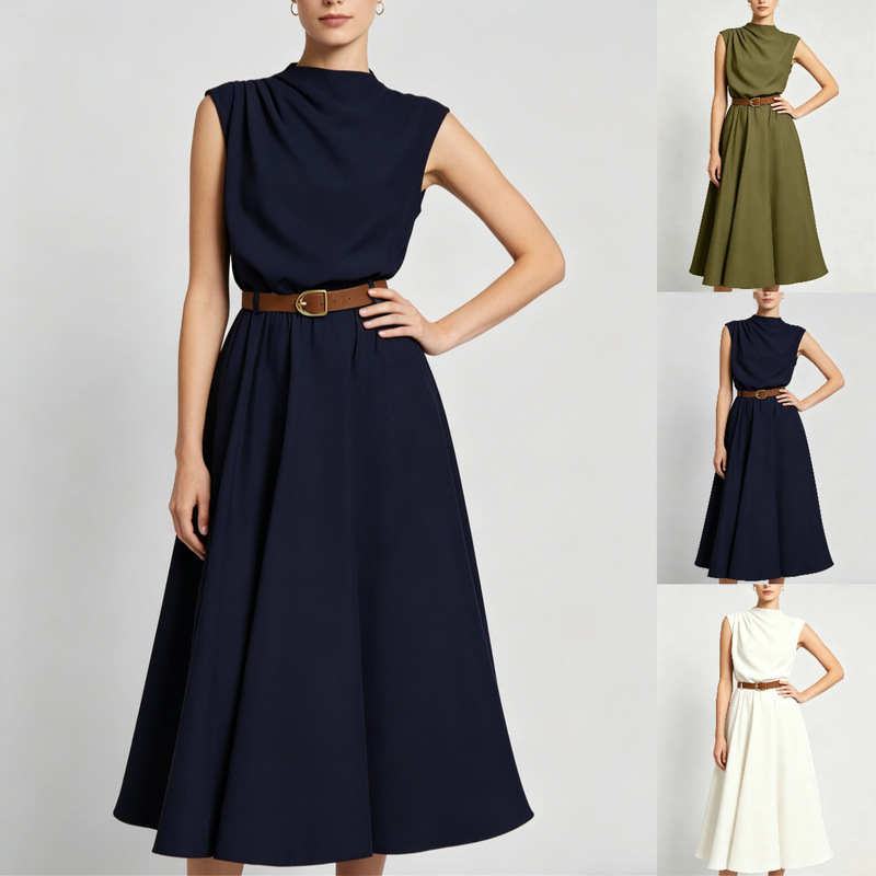 Cross-Border Foreign Trade Amazon European and American Summer High-Neck Sleeveless Dress with One-Sided Ruching (with Belt) Cross-Border Foreign Trade Amazon European and American Summer High-Neck Sleeveless Dress with One-Sided Ruching (with Belt)