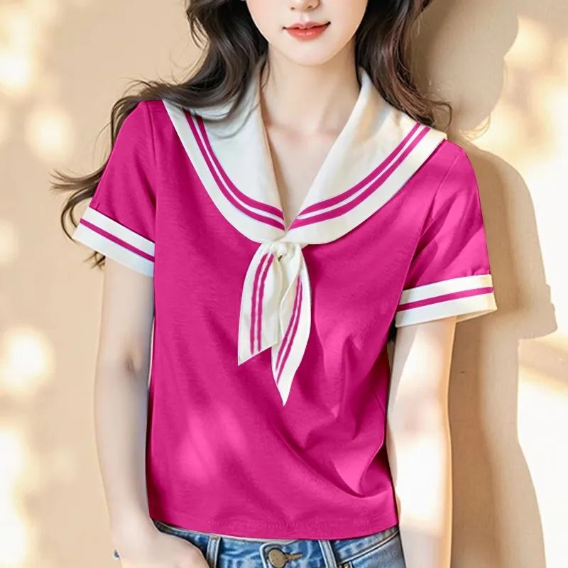 This Year's Popular Hot Style Sky Blue Navy Collar Lace-Up Top Women's Summer 2025 New Style Foreign Style Age-Reducing Short-Sleeved T-Shirt