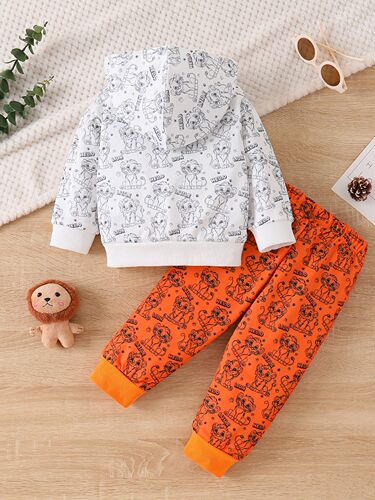 Cross-border INS Infants, children, boys, spring and autumn, fleece hooded lion print long-sleeved top and trouser set