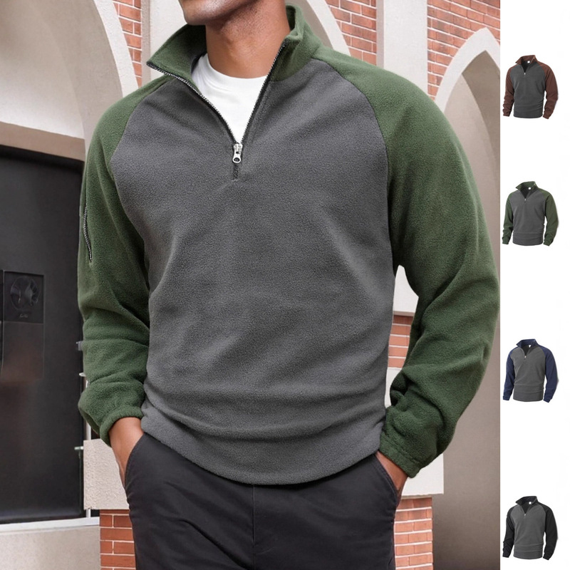 2025 Cross-Border Trade Fleece Men's Casual Warm Autumn and Winter Stand-Up Collar Pullover Color-Block Long-Sleeve Zip-Up Sweatshirt for Men