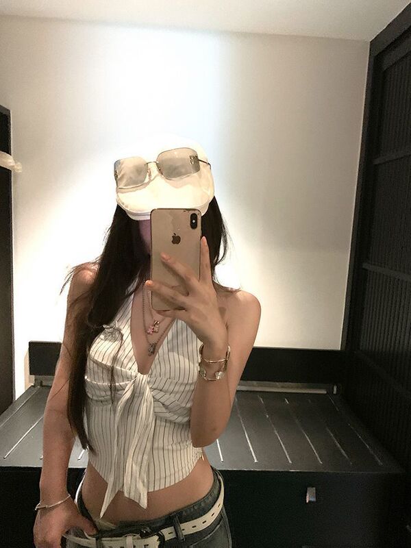 Hot Girl Halterneck Vest New Design Striped Summer New Bow Tie Niche Slimming Top Trendy
