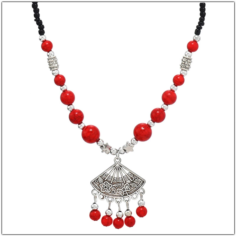 Hanfu Pendant Necklace, Retro Beaded Fan Pendant Accessory — Red or Turquoise, Lightweight 15×3×10 cm