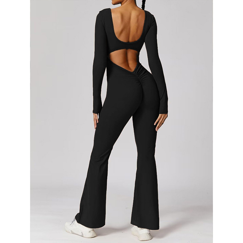 European and American Cross-Border Women's Clothing 2025 Autum New Pure Color Slim Hip Jumpsuit Long-Sleeved Backless Sports Yoga Wear
