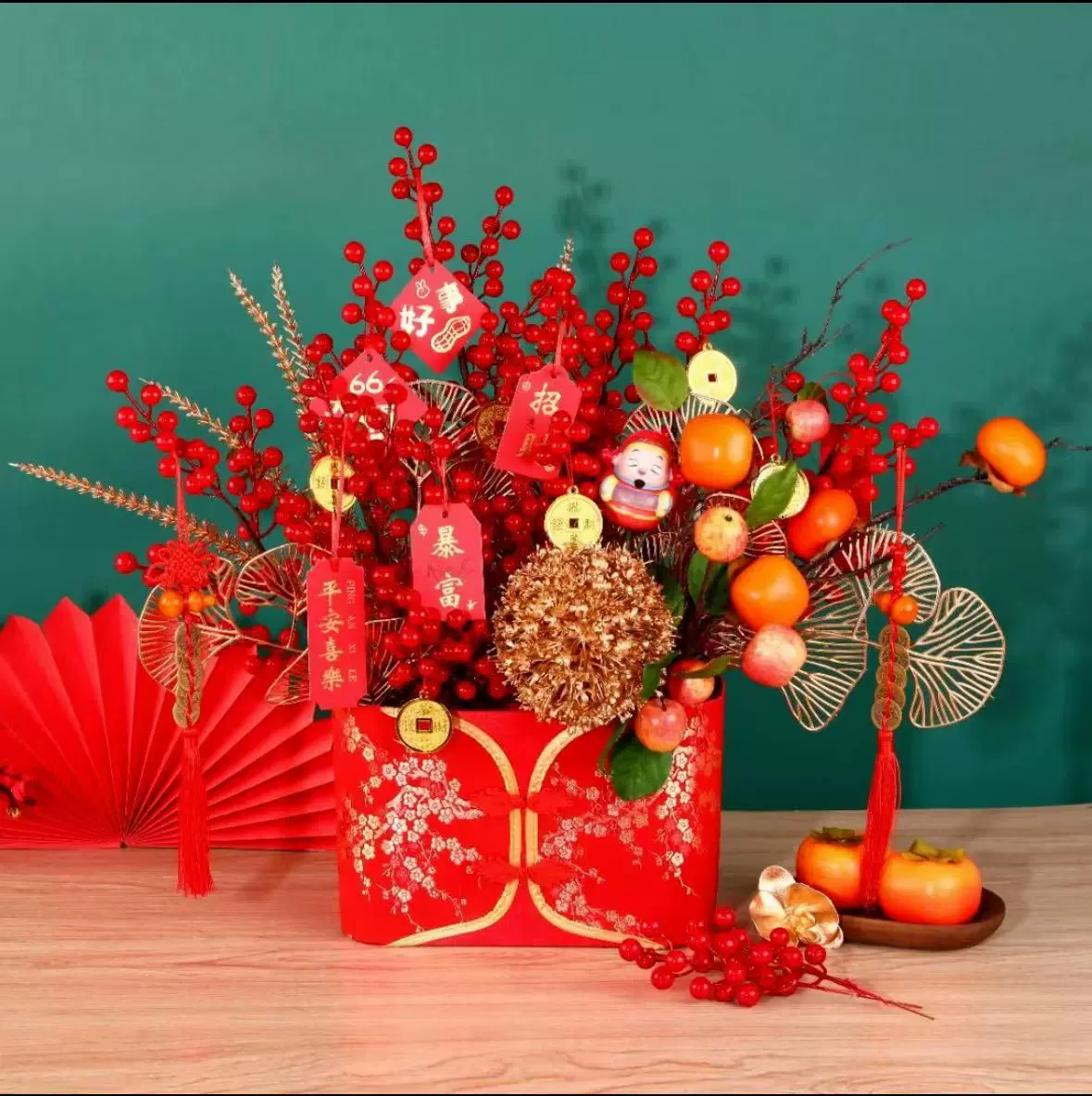 新年抱抱桶现货中国红福桶冬青银柳插花桶花艺礼盒年宵花盒