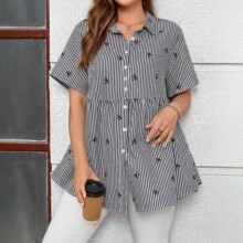 2026夏季新款条纹刺绣印花短袖衬衫女宽松韩版翻领休闲上衣女装