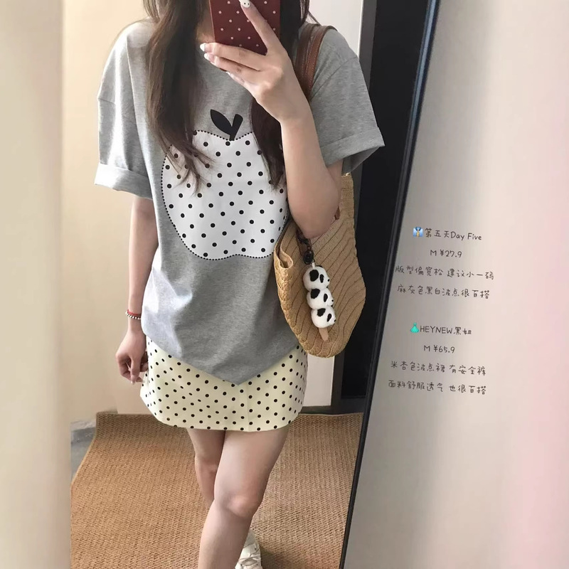 Korean Style Apple Polka Dot Printed Pure Cotton Short-Sleeved T-Shirt for Women in Summer, Loose and Versatile, Fashionable Casual Tops, Trendy Brand