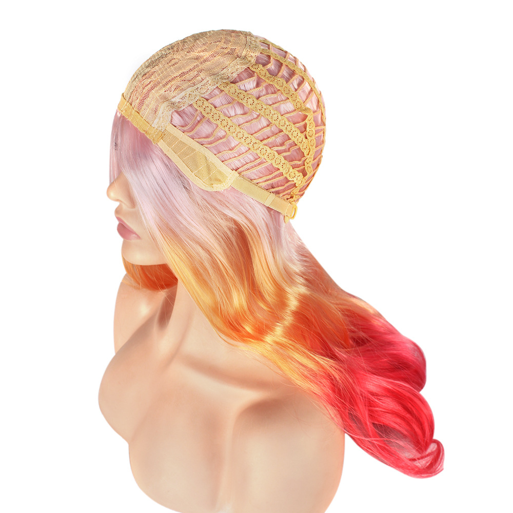 Synthetic wig Women's woven synthetic fiber wig headband with long bangs medium split slightly curled brown gradient pink_voghion.com