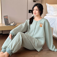秋冬季大码中等三层加厚绒保暖睡衣女圆领家居服长袖套装一件代发