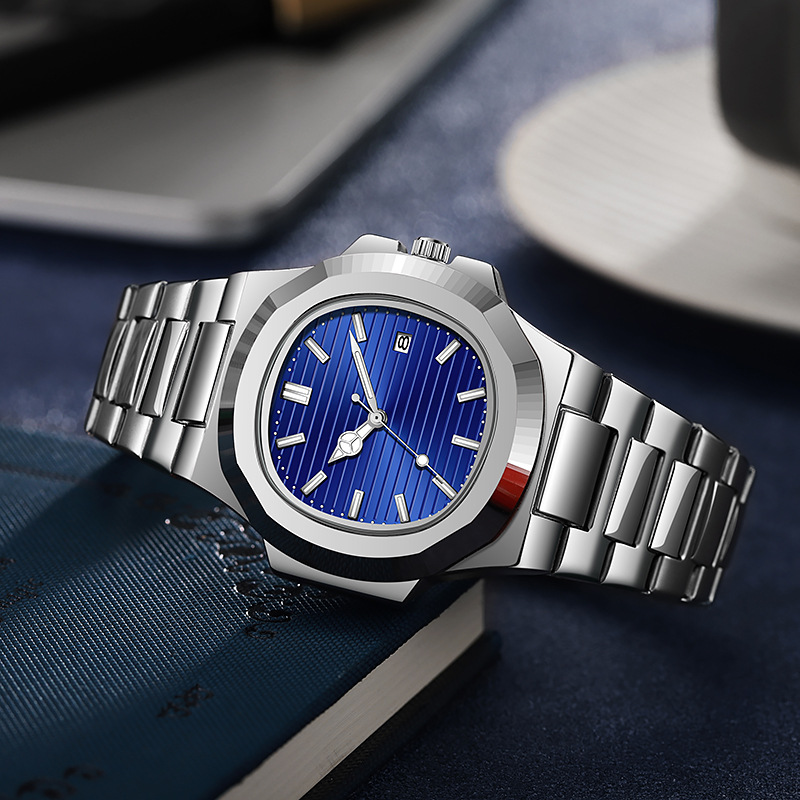 Relojes Nautilus transfronterizos Relojes mecánicos falsos Moda para hombres Cinturón de acero Calendario Reloj de cuarzo de fondo hueco luminoso