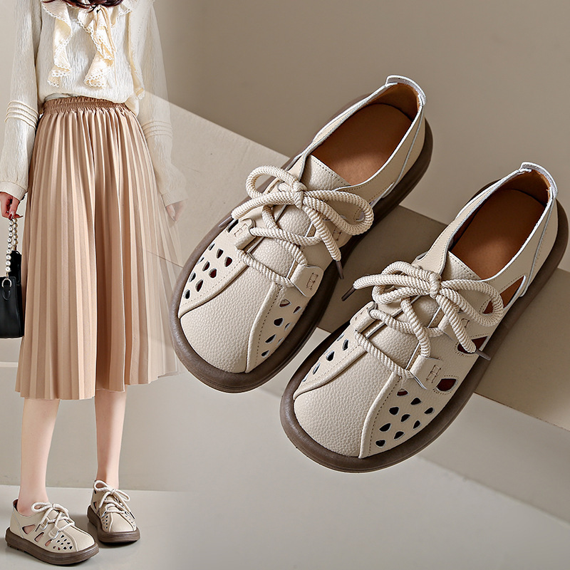 Lace-Up Hollow Roman Sandals Women's 2024 Summer Breathable Retro Shoes Thick-Soled Sports and Casual Women's Shoes Croc Shoes