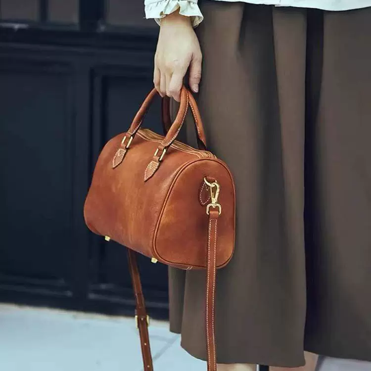 新款头层牛皮植鞣皮文艺复古波士顿手提枕头包真皮单肩斜挎包女包