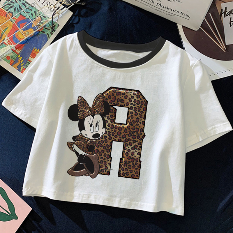 Leopard Letter Crop Tops Cropped sexy 26 Leopard print mouse Letter navel T-shirt for women