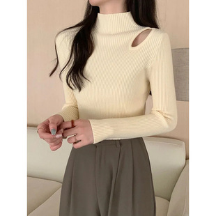 2024 New Women's Wear Autumn and Winter Korean Style Top with Half-turtleneck Hollow Thickened Knitted Base-Layer Shirt Sweater