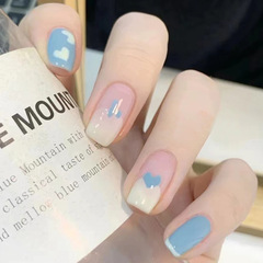 Summer Cool Wind Wearing Nail Blue and White Heart Short Student Detachable Nail Art False Nail Clips Wholesale