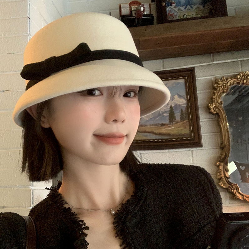 法式赫本风优雅蝴蝶结渔夫帽女气质名媛盆帽千金风显脸小礼帽子潮|undefined