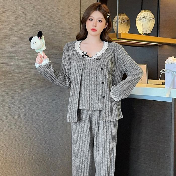 Autumn and Winter Cashmere Pajamas Women's Chest Pad Cardigan Sling Three-Piece Set Sweet Cute Lace Bow Home Clothes Autumn and Winter Cashmere Pajamas Women's Chest Pad Cardigan Sling Three-Piece Set Sweet Cute Lace Bow Home Clothes