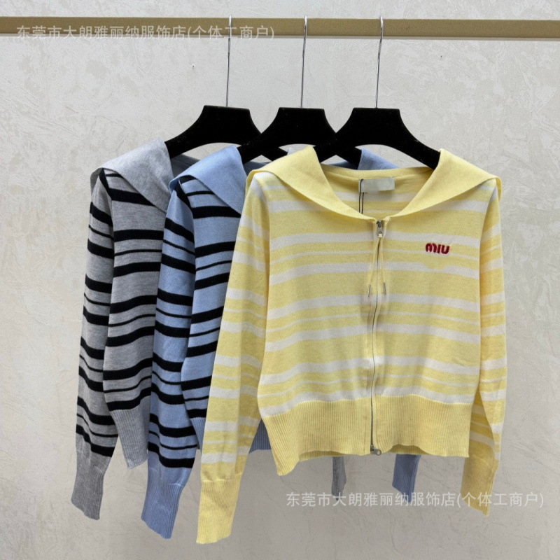 Shenzhen Nanyou Goods ~ High-End Version m Brand 26 Early Spring New Style Color-Block Striped Navy Collar Knitted Long-Sleeve Cardigan