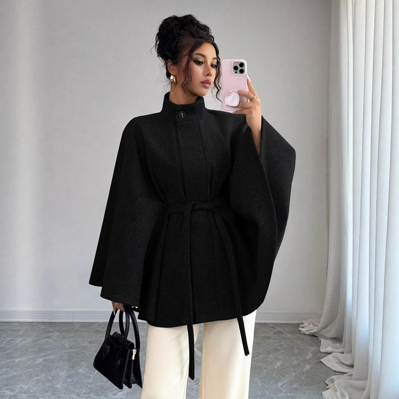 European and American Cross-Border Women's Fashion 2026 Elegant Stand-Up Collar Tie-Waist Cape-Style Design Stylish Woolen Coat
