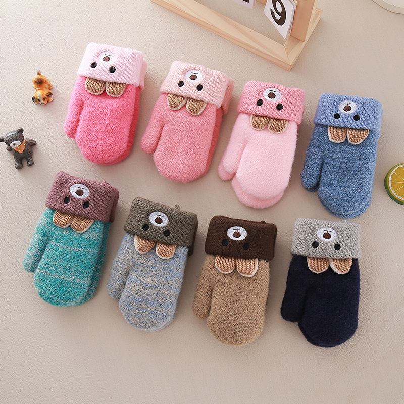 Embroidered Cute Bear 0-3 Years Old Kidsren's Gloves Can Be Hung Around the Neck for Kidsren in Winter Double-Layer Warm Knitted Wool Fleece-Lined