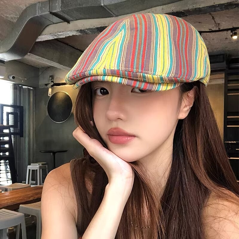 New Colorful Striped Retro Forward Cap for Men and Women, Spring and Summer Japanese Style Versatile Casual Duckbill Hat New Colorful Striped Retro Forward Cap for Men and Women, Spring and Summer Japanese Style Versatile Casual Duckbill Hat