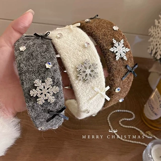 甜美雪花毛毡宽边发箍女水钻蝴蝶结压发头箍可爱少女心发捆发饰冬