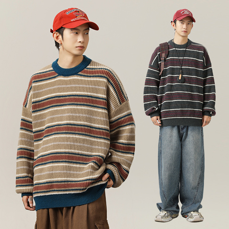 Vintage Contrasting Color Striped Crewneck Sweater Men's Autumn and Winter Thick Needle Loose Lazy Style Soft Waxy Pullover Sweater Jacket