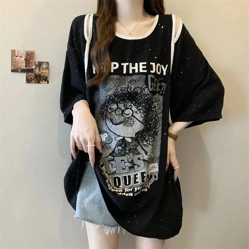 Camiseta de manga corta de longitud media sin tirantes de gran tamaño para mujer verano nuevo estilo suelto y delgado diseño elegante brillante top image 8